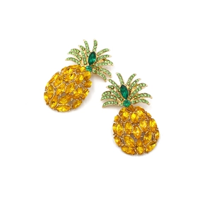 Sparkling pineapple stud earrings with yellow crystals and green leaves on gold base