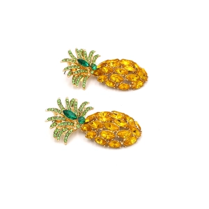 Sparkling pineapple drop earrings with green and yellow crystals on gold base