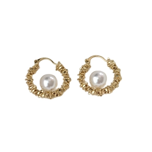 Gold plated pearl hoop earrings with textured metal twisted design for women