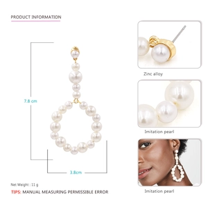 Exaggerated golden circle hoop earrings with white imitation pearls and dimensions