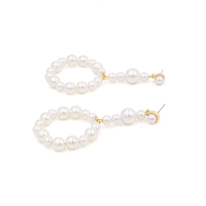 Elegant gold hoop earrings with white pearls in a vertical linear drop design