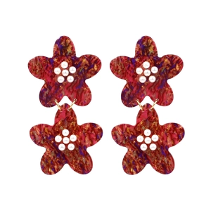 Exaggerated double-layered floral acetate earrings with marble pattern and faux pearl centers