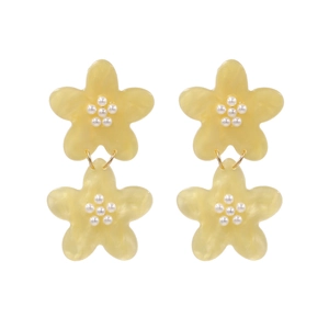 Exaggerated yellow double-layer floral drop earrings with acrylic marble texture and pearls