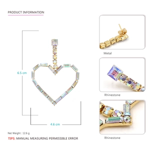 Golden heart-shaped drop earrings with colorful rhinestones and size measurements