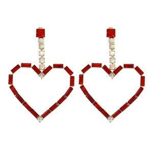 Sparkling red heart shaped drop earrings with rainbow rhinestones on gold base