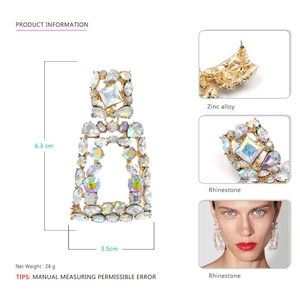 Chic geometric earrings with AB colorful rhinestones and gold-tone finish 6.3cm