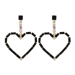 Retro heart drop earrings with black crystals and rainbow rhinestones on gold base
