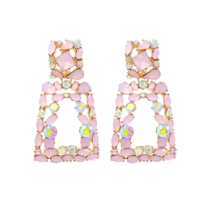 Retro geometric earrings with pink matte stones and colorful AB crystals in gold finish