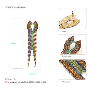 Rainbow rhinestone tassel drop earrings with long metal chain fringe, 9.0cm length