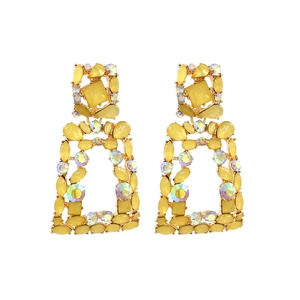Vibrant yellow geometric earrings featuring multifaceted resin stones and iridescent crystals