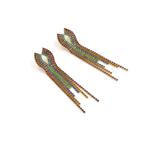 Exaggerated long rainbow rhinestone tassel earrings with bohemian waterfall fringe