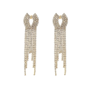 Elegant gold-tone long fringe tassel earrings with shimmering rhinestone embellishments