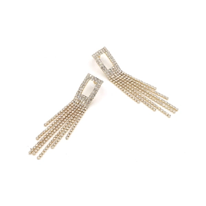Elegant gold-tone tassel drop earrings with sparkling rhinestones in a long claw chain style