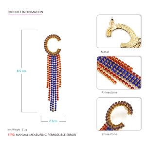Exaggerated C-shaped long tassel earrings with colorful rhinestones in gold finish