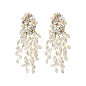 Boucles D'oreilles Longues À Pampilles Avec Strass En Alliage Et Pendentif Fleur En Künstliche Perle Bijoux De Fête