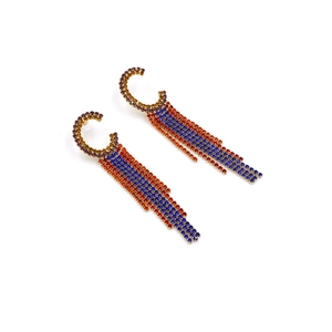 Elegant C-shape stud earrings with long colorful rhinestone chain fringe in gold finish