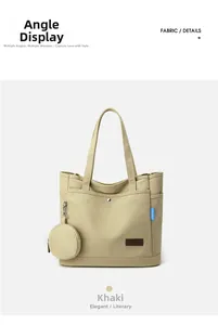 Detail view of khaki canvas tote bag with matching round coin purse and faux leather tag