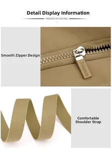 Detail of durable metal zipper with brand logo and comfortable nylon shoulder strap