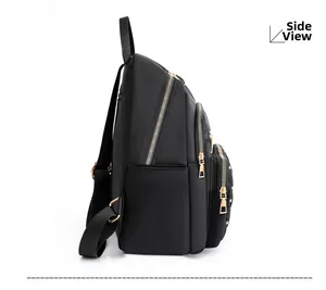 Side view of black oxford backpack with multi-layer zippers and gold metal rivets
