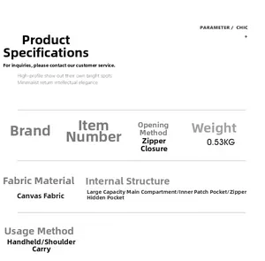Detailed specifications of the canvas tote bag showing interior pockets and 0.53kg weight
