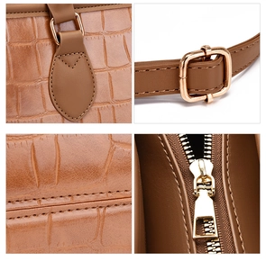 Detailed views of brown crocodile pattern leather, metal zippers and stitching