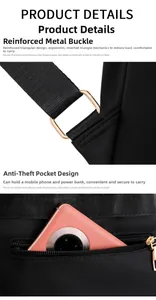 Detail of black nylon backpack featuring gold metal buckle and anti-theft back pocket