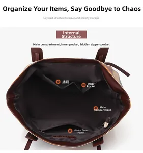 Detailed interior of large brown tote bag showing main pocket, slots and zipper compartment