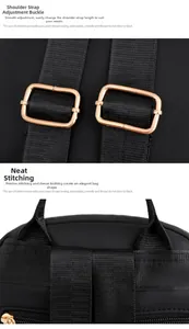 Detail of adjustable metal buckles and precise stitching on black nylon travel backpack
