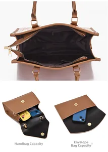 Detailed internal view of brown faux leather tote set showing large storage capacity