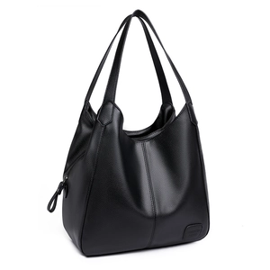 Classic black litchi pattern leather tote bag with large capacity and shoulder straps