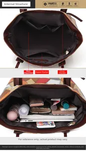 Detail view of the printed tote bag showing spacious interior pockets and dark fabric lining