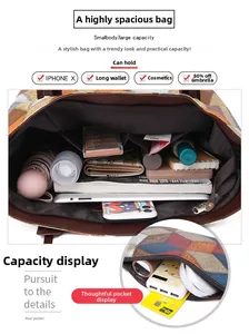 Vista macro dell'interno di una grande borsa tote che mostra capienza e tasca posteriore