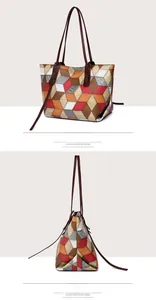 Vista dettagliata della borsa tote geometrica patchwork in rosso, marrone e beige