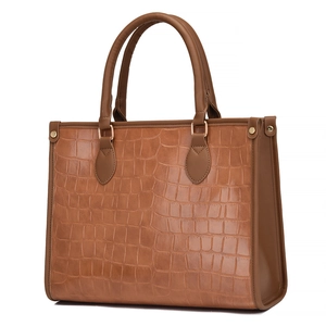 Brown crocodile embossed tote bag with golden hardware shown from a side view