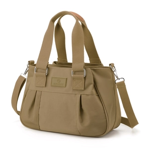 Large khaki nylon tote bag with pleated design and adjustable shoulder strap for women