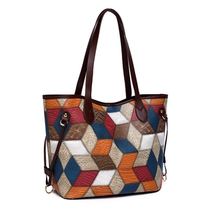 Colorful patchwork tote bag with multi-texture faux leather and long shoulder straps
