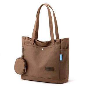 Brown canvas tote bag with multi-pockets, leather patch, and detachable round coin purse