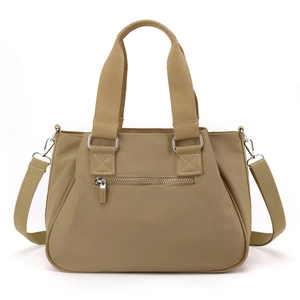 Minimalist nylon tote bag in khaki with detachable shoulder strap and front zipper pocket