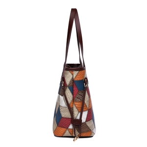 Fashionable multicolor geometric patchwork tote bag with high-capacity and slim handles