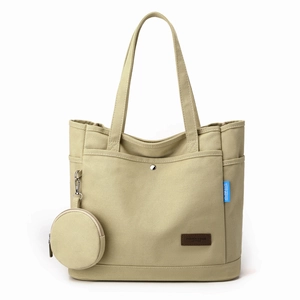 Multi-pocket beige canvas tote bag with a small matching round pouch and side pockets