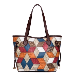 Multicolor geometric patchwork faux leather tote bag with crocodile texture and long handles