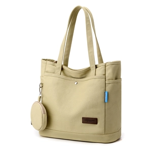 Beige canvas tote bag with multi-pockets and detachable coin purse for women