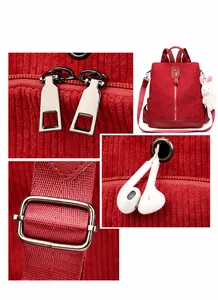 Detail of red corduroy backpack showing glossy hardware, earphone hole and rabbit charm