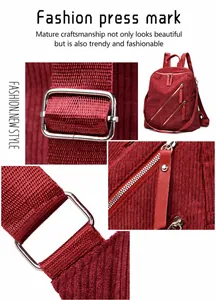 Detail of burgundy corduroy backpack featuring silver zippers and adjustable metal buckles
