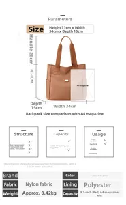 Dimensions du grand sac cabas en nylon marron avec capacité pour iPad et revues A4