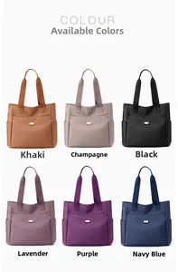 Vue détaillée de grands sacs cabas en nylon en six couleurs comme orange, violet et bleu