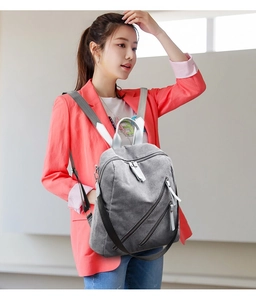 Detail of grey corduroy backpack with dual diagonal zippers and contrast white handles