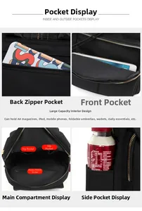 Detail view of Oxford cloth backpack showing anti-theft pocket and large main compartment