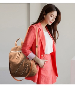 Detail of corduroy backpack showing vertical ribs and dual zipper pockets on a model