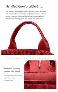 Detail of red backpack handle and precision stitching with gunmetal grey hardware